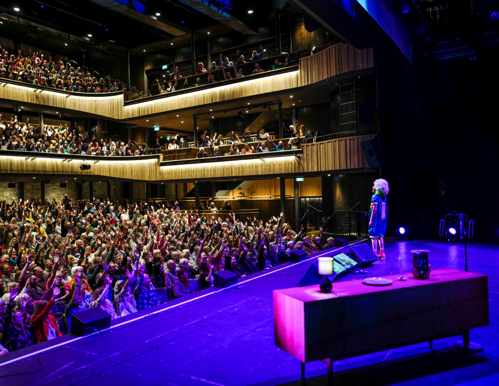 Grayson Perry on the Cornwall Playhouse stage in 2023 (by Hugh Hastings)